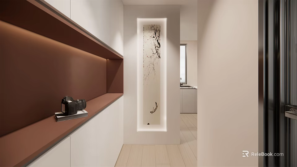 Modern Minimalist Entryway Hallway with White Cabinets Built-in Decorative Art and Wooden Flooring Design 3d model 