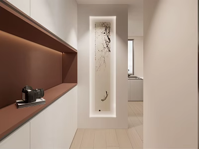 Modern Minimalist Entryway Hallway with White Cabinets Built-in Decorative Art and Wooden Flooring Design 3d model