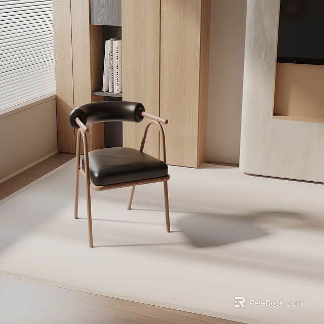 Modern Minimalist Dining Chair With Black Leather Seat And Wooden Frame 3d model 