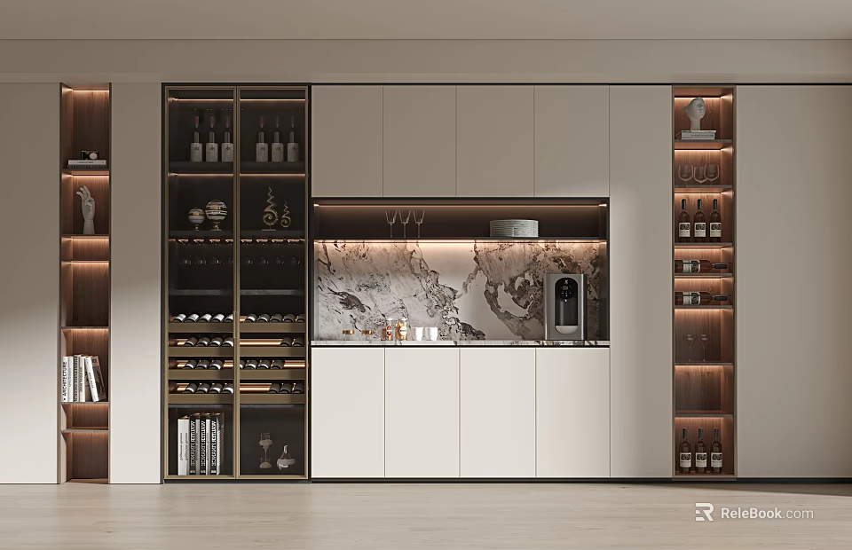 Elegant Modern Wine Cabinet Design With Glass Doors Wooden Shelves LED Lighting And Wine Bottles 3d model 