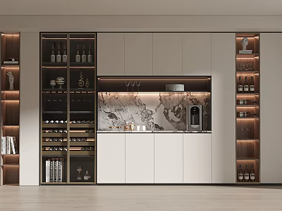 Elegant Modern Wine Cabinet Design With Glass Doors Wooden Shelves LED Lighting And Wine Bottles 3d model