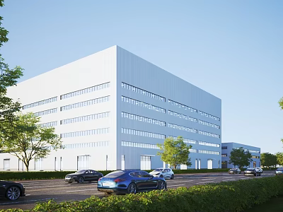 Modern White Multi storey Industrial Factory Building With Large Windows Trees And Vehicles Around 3d model