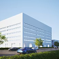 Modern White Multi storey Industrial Factory Building With Large Windows Trees And Vehicles Around