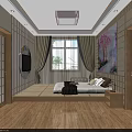 Modern Living Room Interior With Lattice Doors Wooden Flooring TV Sofa And Decorative Paintings