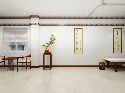 Traditional Chinese Room Interior With Calligraphy Scrolls Potted Plant And Wooden Furniture 3d model