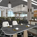 Luxury Hotel Restaurant Interior With Dining Tables Hanging Lights And Elegant Decor