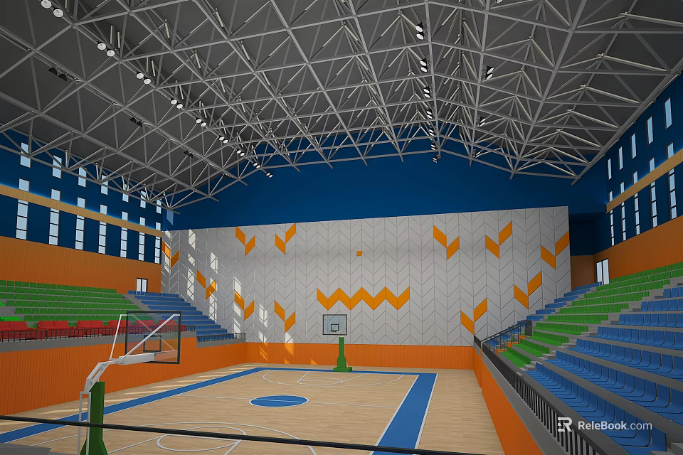 Indoor Sports Hall With Basketball Court Hoops Green Blue Seats And Geometric Wall Patterns 3d model 