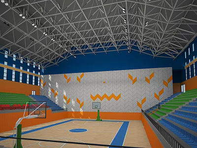 Indoor Sports Hall With Basketball Court Hoops Green Blue Seats And Geometric Wall Patterns 3d model