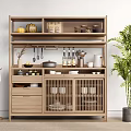Rustic Wooden Sideboard With Open Shelves Closed Cabinets And Decorative Items In Kitchen