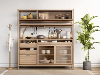 Rustic Wooden Sideboard With Open Shelves Closed Cabinets And Decorative Items In Kitchen 3d model