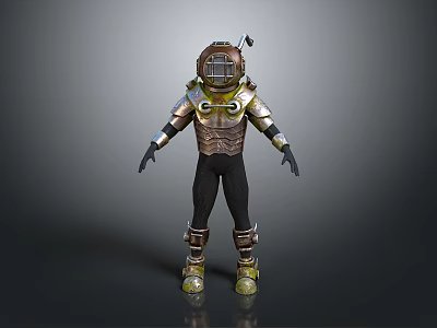 3D Model Of Vintage Diver Character With Metallic Armor Helmet And Full Body Gear 3d model
