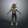 3D Model Of Vintage Diver Character With Metallic Armor Helmet And Full Body Gear