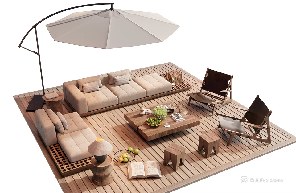 Outdoor Sofa Set On Wooden Deck With Umbrella Coffee Table Green Plants And Chairs 3d model 