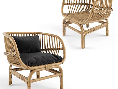 Wicker Leisure Chair With Black Cushion Natural Rattan Material For Indoor Outdoor Cozy Seating 3d model