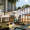 Illuminated Modern Commercial Street With Glass Facades Tall Buildings Greenery And Pedestrians