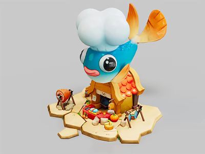 Cartoon Scene Featuring Blue Chef Fish With Cloud Hat Small House And Vegetables Fruits 3d model