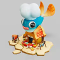 Cartoon Scene Featuring Blue Chef Fish With Cloud Hat Small House And Vegetables Fruits