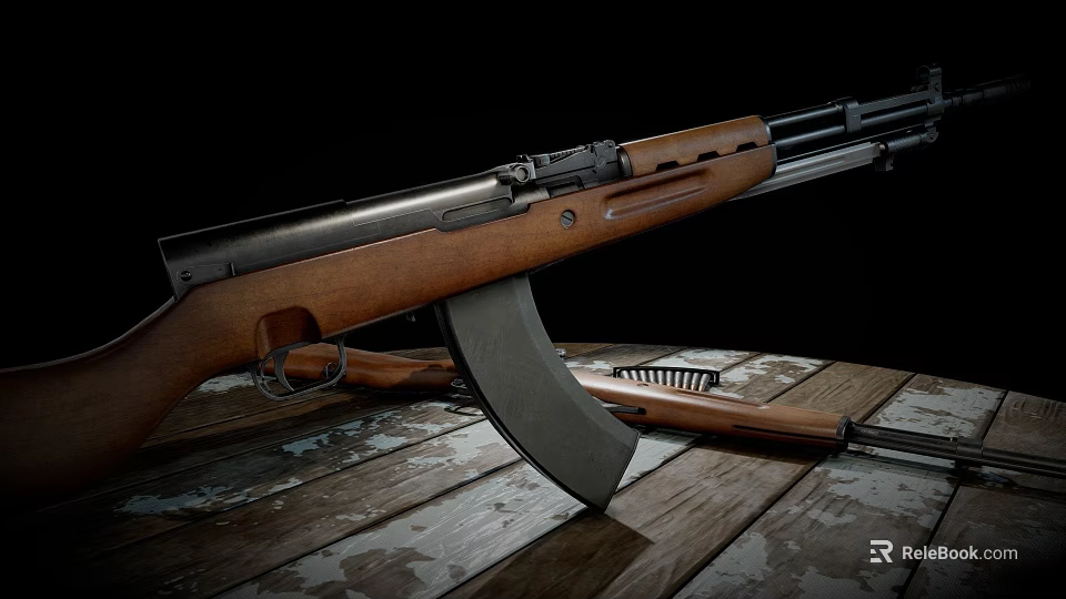Classic Rifle With Wooden Stock Metal Barrel On Wooden Tabletop Surface And Black Backdrop 3d model 