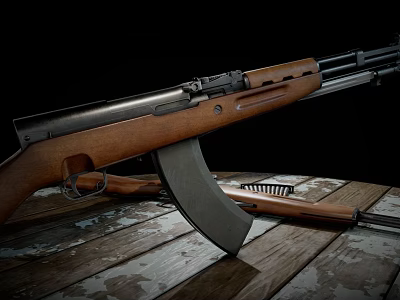 Classic Rifle With Wooden Stock Metal Barrel On Wooden Tabletop Surface And Black Backdrop 3d model