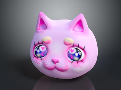 Cute Pink Cat Face Character Toy With Big Ears And Heart Shaped Eyes 3d model
