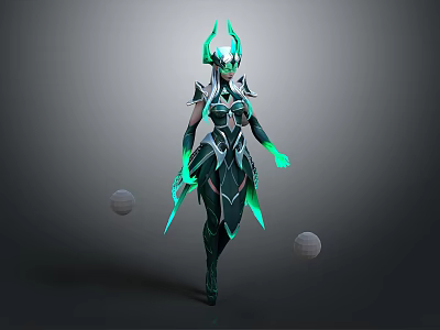 Elaborate Fantasy Character With Green Glowing Armor Horns Dual Weapons And Floating Spheres 3d model