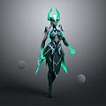 Elaborate Fantasy Character With Green Glowing Armor Horns Dual Weapons And Floating Spheres