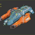 Blue And Orange Futuristic Spaceship With Complex Structure And Detailed Engines 3d model