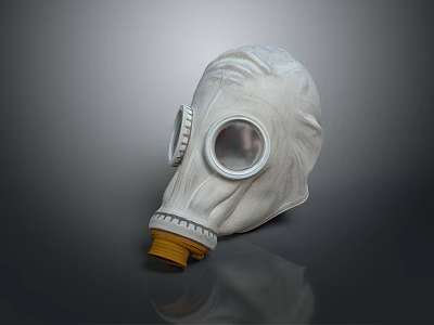 White Military Weapon Gas Mask With Round Lens And Yellow Component On Reflective Surface 3d model