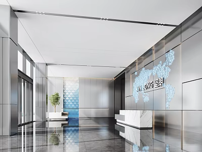 Modern Lobby Marble Reception Desk With World Map Wall Green Plant Glass Door Sleek Floor 3d model