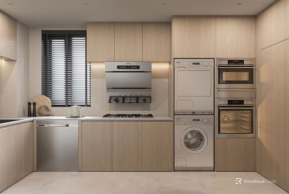 Modern Kitchen Interior With Wooden Cabinets Stove Range Hood And Stainless Steel Appliances 3d model 