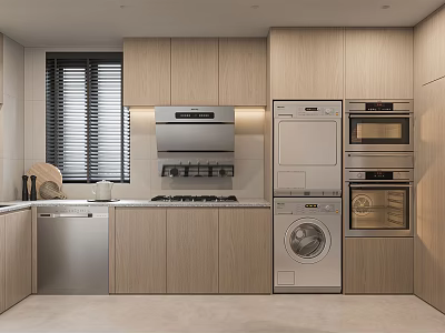 Modern Kitchen Interior With Wooden Cabinets Stove Range Hood And Stainless Steel Appliances 3d model