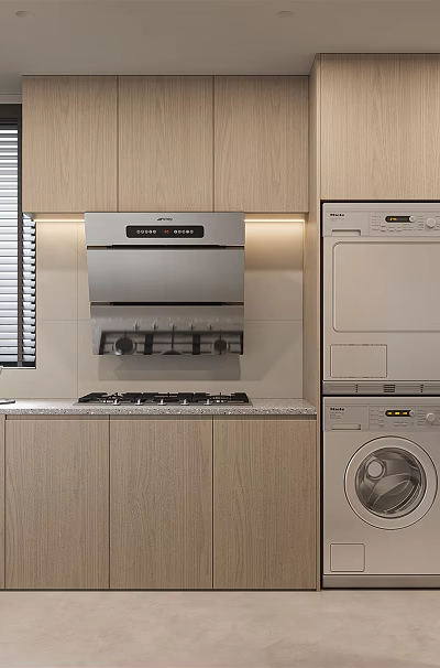 Modern Kitchen Interior With Wooden Cabinets Stove Range Hood And Stainless Steel Appliances 3d model