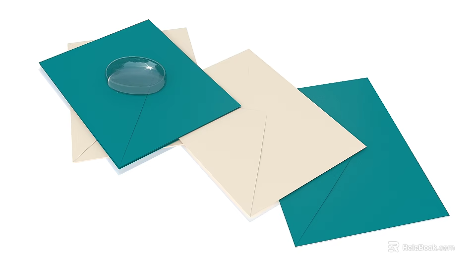 Teal And Cream Paper Envelopes With Transparent Circular Object On Stack 3d model 