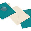 Teal And Cream Paper Envelopes With Transparent Circular Object On Stack 3d model