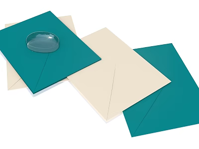 Teal And Cream Paper Envelopes With Transparent Circular Object On Stack 3d model