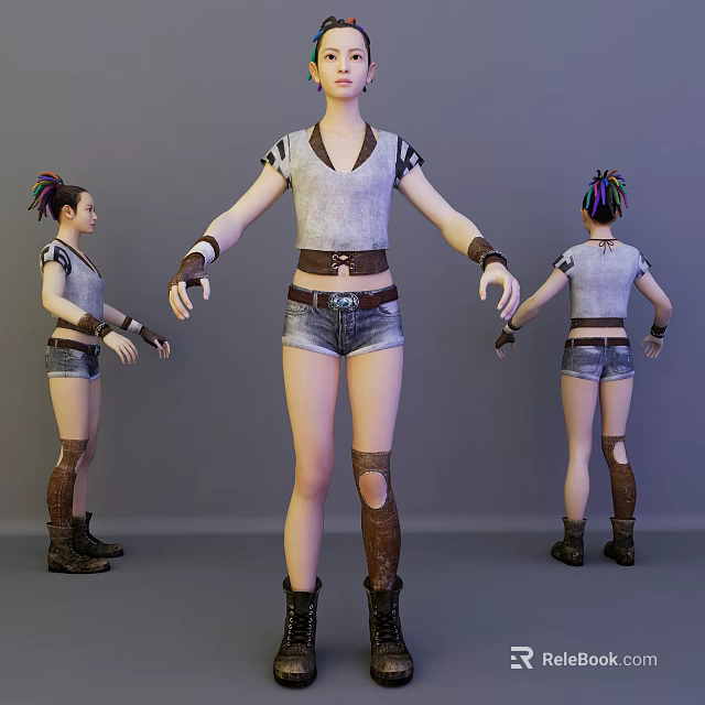 Woman with Colorful Hair Wearing Gray Short Sleeve Top Denim Shorts and Brown Arm Guards 3d model 