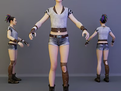 Woman with Colorful Hair Wearing Gray Short Sleeve Top Denim Shorts and Brown Arm Guards 3d model