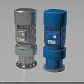 Silver and Blue Industrial Electric Gear Motors with Metal Housing and Warning Labels