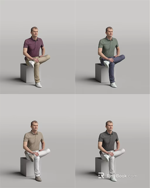 Man Sitting On Cube Wearing Different Colored Polo Shirts Against Gray Background 3d model
