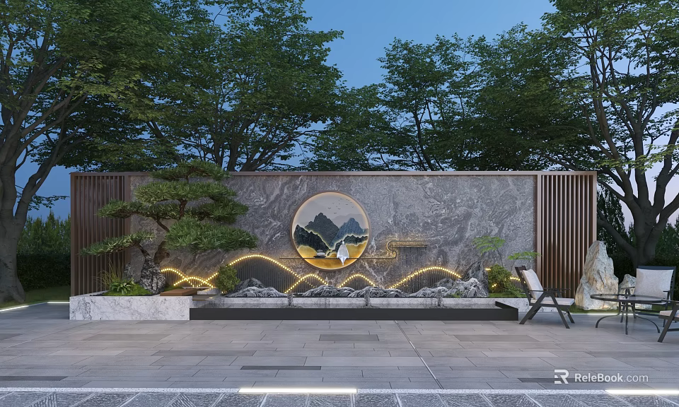 Elegant Marble Landscape Wall Design With Circular Landscape Pattern Lighting Water Feature And Green Plants 3d model 