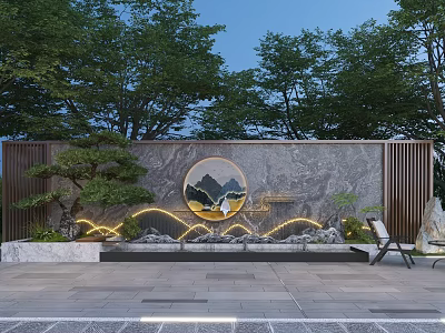 Elegant Marble Landscape Wall Design With Circular Landscape Pattern Lighting Water Feature And Green Plants 3d model
