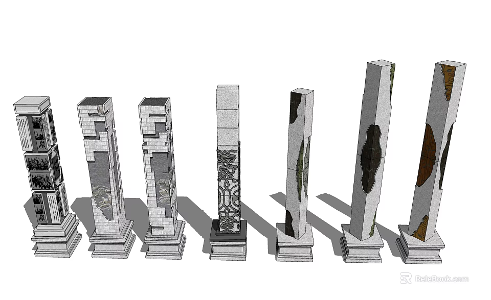 Various Decorative Stone Columns With Intricate Carvings And Ornate Bases 3d model 