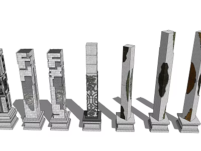 Various Decorative Stone Columns With Intricate Carvings And Ornate Bases 3d model
