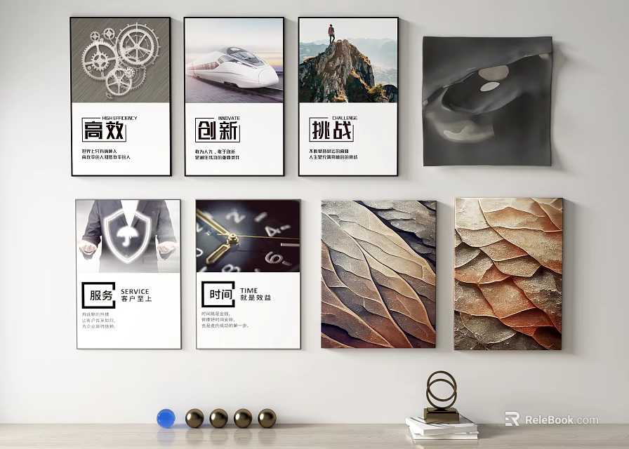 Diverse Wall Art Collection With Text Designs Landscape Abstract Patterns And Decorative Items 3d model