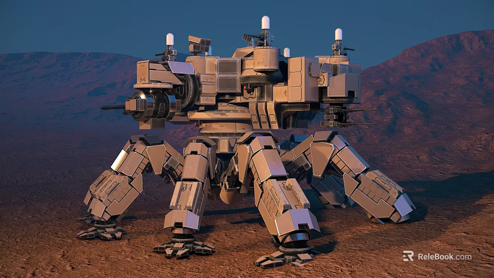 Futuristic Multi Legged Mechanical Robot Featuring Armored Structure In Red Mountain Terrain 3d model 