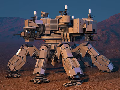 Futuristic Multi Legged Mechanical Robot Featuring Armored Structure In Red Mountain Terrain 3d model