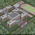 Red Brick School Building Exterior With Grand Gateway White Columns Green Lawn And Trees