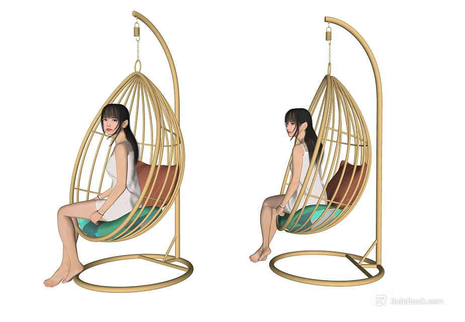 Modern Egg Shaped Hanging Chair With Golden Frame Green Cushion Brown Backrest 3d model 
