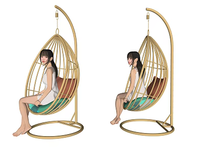 Modern Egg Shaped Hanging Chair With Golden Frame Green Cushion Brown Backrest 3d model