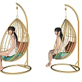 Modern Egg Shaped Hanging Chair With Golden Frame Green Cushion Brown Backrest